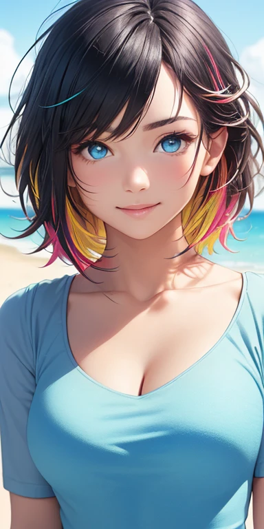 baby face, (short multicolored fluorescence hair:1.5,messy hair:1.5), (photorealistic:1.8), (masterpiece, sidelights, exquisite beautiful eyes: 1.5), masterpiece*portrait, realistic, 3D face,(cute face),front view: 1.6、 (glowing blue eyes:1.2),plump face:1.5,(tareme:1.5)、(seductive smile:1.2),Rosy Mouth,Slim Body,abs, shiny hair, shiny skin: 1.5、medium breasts,cleavage、solo,punk girl,(stand)、(shoulder shirt:1.5)、(charactor focus:1.5、portlate:1.5、upper body),beach,