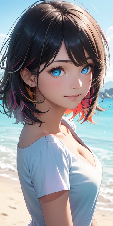 baby face, (short multicolored fluorescence hair:1.5,messy hair:1.5), (photorealistic:1.8), (masterpiece, sidelights, exquisite beautiful eyes: 1.5), masterpiece*portrait, realistic, 3D face,(cute face),front view: 1.6、 (glowing blue eyes:1.2),plump face:1.5,(tareme:1.5)、(seductive smile:1.2),Rosy Mouth,Slim Body,abs, shiny hair, shiny skin: 1.5、medium breasts,cleavage、solo,punk girl,(stand)、(single shoulder shirt:1.5)、(charactor focus:1.5、portlate:1.5、upper body),beach,