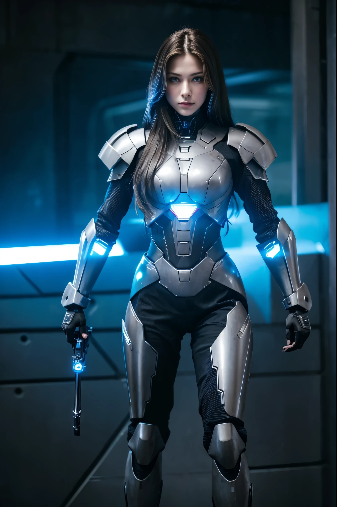 arafed woman in a futuristic armor standing, large breasts:1.5, long hair, looking at viewer, posing with a weapon, cyber patterns, no helmet, at the top of a wall, well lit, soft lights