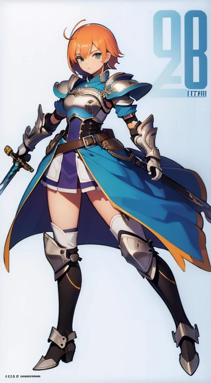 (((Best Quality))) , ((full body)), female, reference sheet, solo, (white background), holding sword, gloves, (((short waist armor))), thigh high, blue, orange, green, violet, brown, white, colorful outfit,