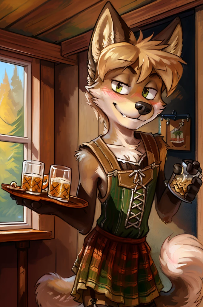 solo, wolf, ((male)), slender, day, ((twink)), detailed, uploaded to e621, beautiful and detailed portrait of an anthropomorphic boy, fauxhawk hair, (((male))), kenket, uploaded to e621, (detailed German Oktoberfest dress, garter), blush, smile, wink, lifted tail, carrying tray of beer, tavern