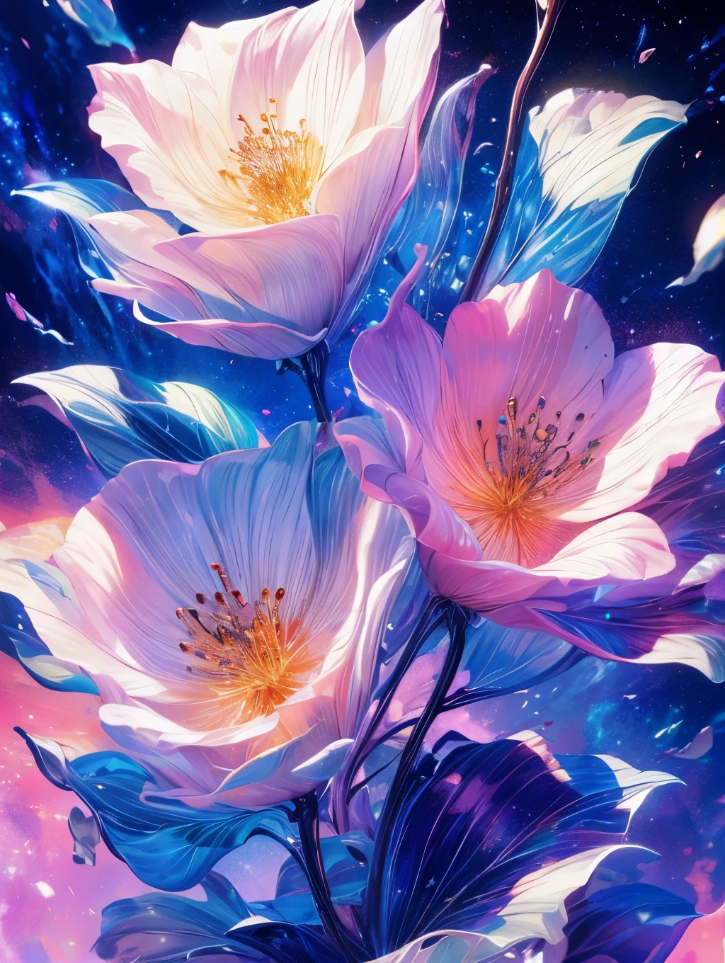 Beautiful gradations, a night sky full of sparkling stars, bright colors of the moon and stars, smooth and glossy textures, a
combination of warm and cool colors, and a fantastic atmosphere.