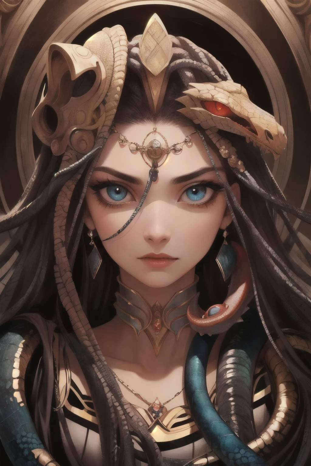 Absurd, ultra-detailed, high quality, detailed face, beautiful eyes, Medusa, the Gorgon, the Gorgon with serpent hair, possesses a complex mix of beauty and terror, mesmerizing gaze,