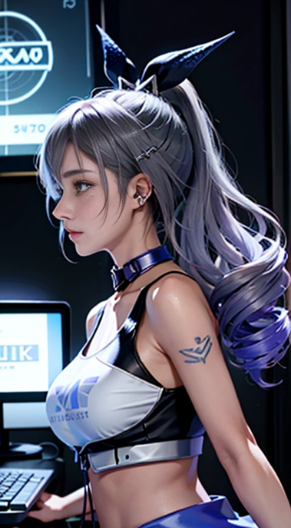 (((((7 avatar shot)))), Silver Wolf, Masterpiece, Best Quality, Ultra Detailed, Extremely Detailed 16k CG Wallpaper, Beautiful Face, (Silver Wolf in Esports Room), (Perfect Beautiful Curved Figure), Seated, Rainbow Color Jewel Eyes, Wearing Resin Hologram Sports Bra, Crop Top Drape, Mini Pleated Skirt, Bell Collar, Logo, Impotence, Contour Light, Concert, Neon Sign, Audio, Bell Collar, Esports Headset, Computer, Esports Room, Play Games, White Interior Through Red Skin, holographic projection, flat sphere, graffiti logo, highly detailed tattoo_,
Authoring information