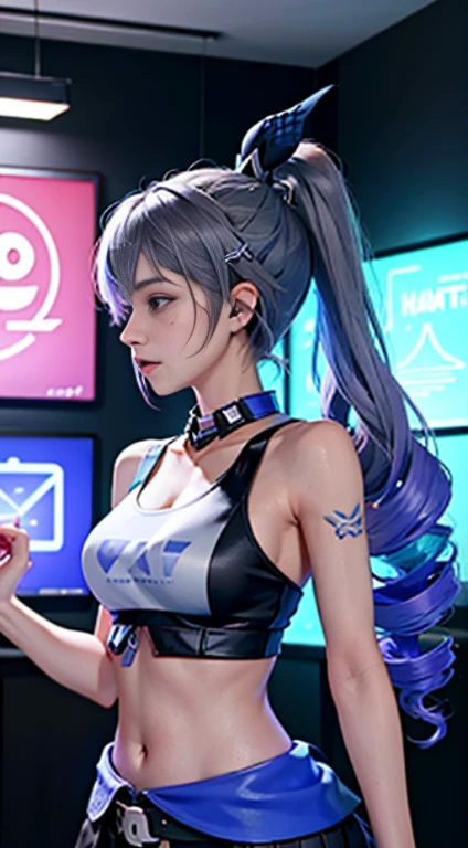 （（（（7 avatar shots）））），Silver Wolf，tmasterpiece，best qualtiy，ultra - detailed，Extremely detailed 16k CG wallpaper，beauitful face，（E-sports room中的Silver Wolf），（Perfect Beautiful Curved Figure），sitted，Rainbow Color Jewel Eyes，Wearing a resin holographic sports bra，A crop top drapes，Mini pleated skirt，Bell collar，O logo，Yang profile lamp，concert，neonlight，audio，Bell collar，eSports headphones，Computer，E-sports room，playing game，White interior through red skin，holographic projectionlat sphere，Graffiti logo，Highly detailed tattoos_，
Authoring information