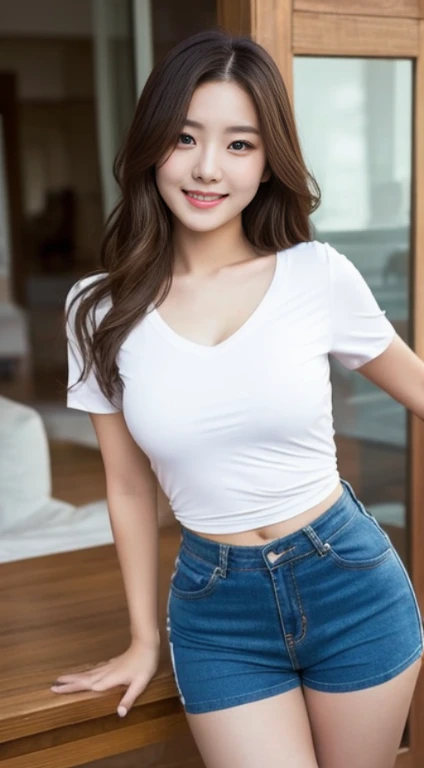A woman with the same face as last time,4K、1Man Woman、A slender、 Loose wavy styling, Ecstatic expression、Photo wearing red and white shirt and shorts, Tight shirt, Open V chest clothes,I'm not wearing anything inside、Be braless、Nipples are erect、Sporty, high jump wear,Closely attached、 Short sleeves, white red, wearing white v - neck top, mid shot portrait, In shorts, cute sportswear, Tight shirt, taken with sony alpha 9, perfectly proportions, 、captivating and enticing、FULL BODYSHOT、Including face and skin texture.,Detailed eyes、A smiling face
