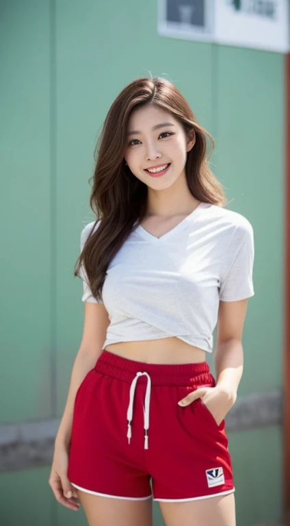 A woman with the same face as last time,4K、1Man Woman、A slender、 Loose wavy styling, Ecstatic expression、Photo wearing red and white shirt and shorts, Tight shirt, Open V chest clothes,I'm not wearing anything inside、Be braless、Nipples are erect、Sporty, high jump wear,Closely attached、 Short sleeves, white red, wearing white v - neck top, mid shot portrait, In shorts, cute sportswear, Tight shirt, taken with sony alpha 9, perfectly proportions, 、captivating and enticing、FULL BODYSHOT、Including face and skin texture.,Detailed eyes、A smiling face