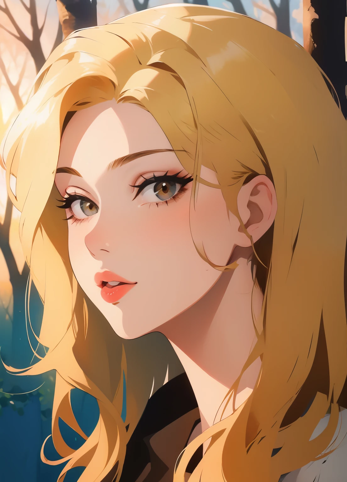 closeup portrait, Sexy SS blonde hair, parted cparted lips, cparted lips, Casual wear, looking at viewert, forest backgrou, sunset light, actual