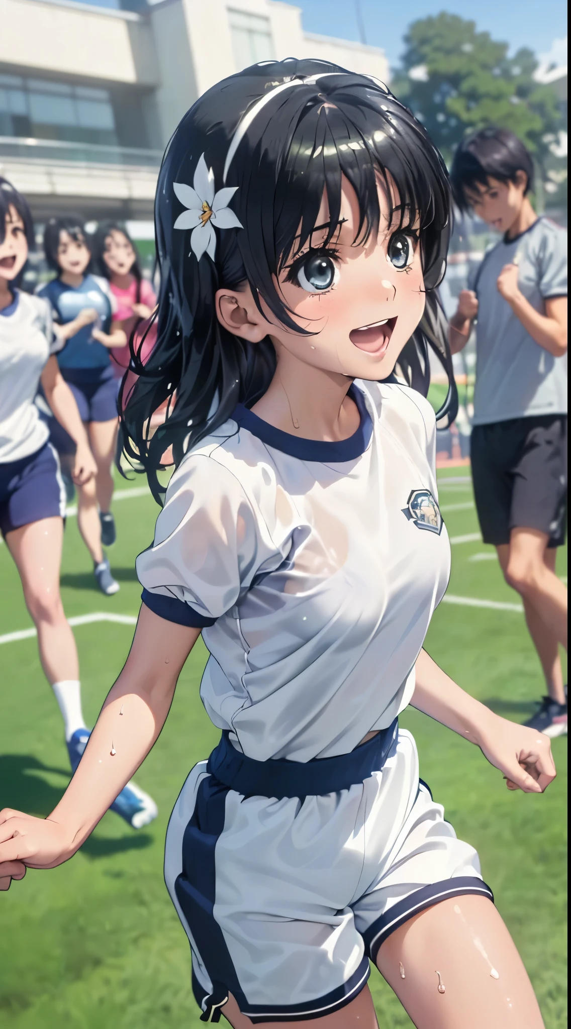 1womanl,Black hair,14 year old beautiful breasts,(((Sexy white and blue shiny short sleeve gym clothes and short cheeks、Smile with open mouth)),(((Satin Narico))),((( portlate))),Crowds,Shiny white short-sleeved gym uniform and blue shorts,Wet with sweat,((athletic field)),((see -through)),outside of house,(((Shiny clothing)))