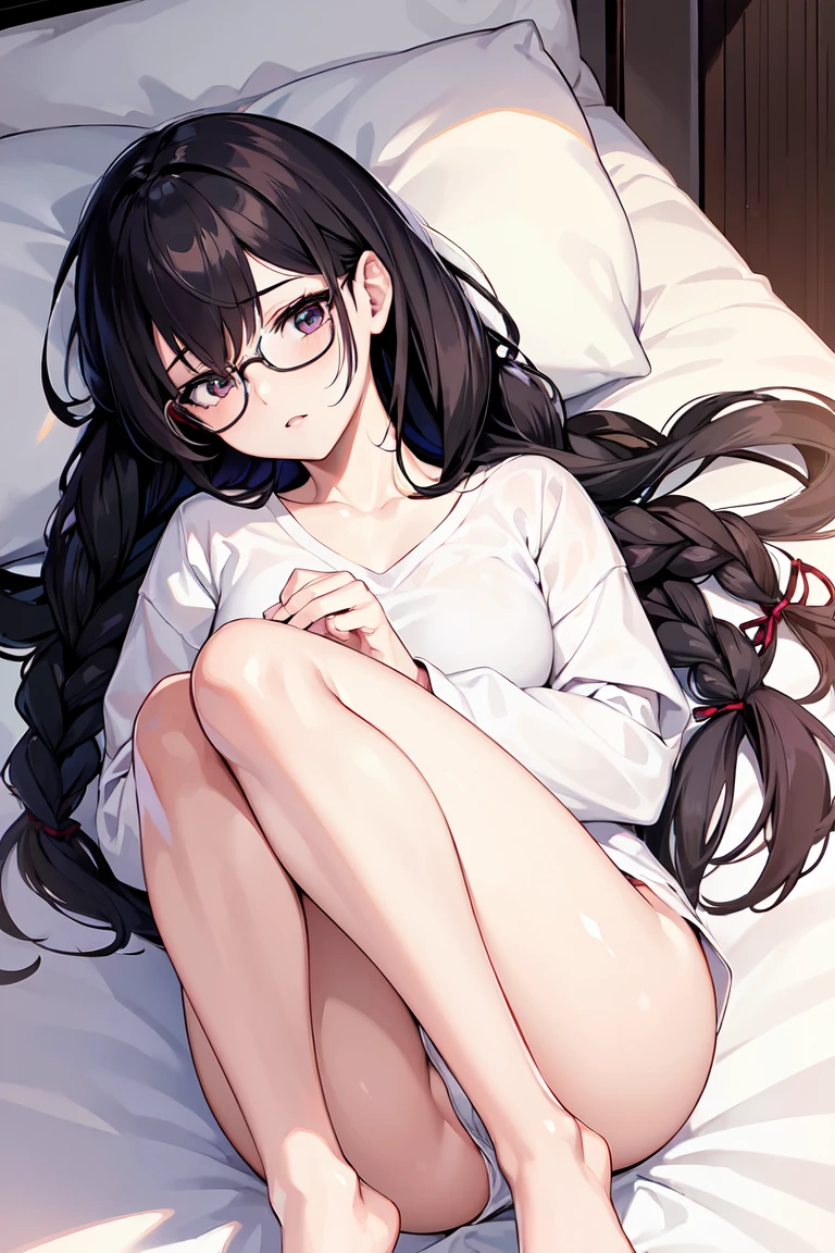 1girl, glasses, braids, black hair, (sleeping), full body, pajamas, wearing clothes, messy bed,  BREAK, (anime:1.5), (Masterpiece, Best Quality: 1.2), (Ultra High Resolution: 1.2), (RAW Photo: 1.2), (Ultra Detailed CG Unified 8k Wallpaper: 1.2), (Beautiful Skin: 1.2), (pale Skin: 1.3), (Beautiful pretty face: 1.3), (super detailed background, detail background: 1.3), (Ultra Realistic Photo), (Hyper Sharp Image), (Hyper Detail Image), (Hyper Sharp Focus: 1.5), (Ultra Sharp Focus: 1.5)