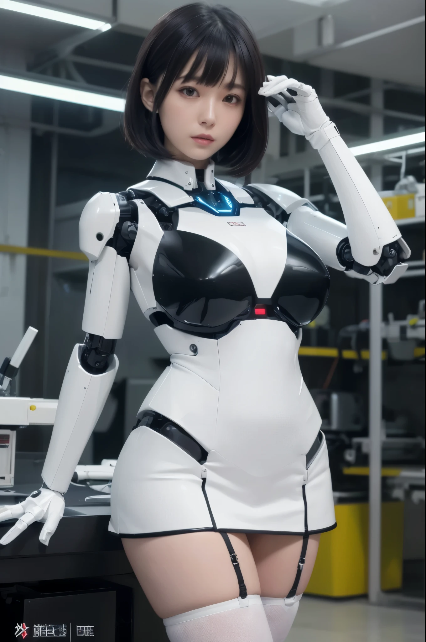 masterpiece, best quality, extremely detailed, (8K, 4K, Best Quality, hight resolution, 超A high resolution:1.1), (masutepiece, Realistic, Photorealsitic:1.1),8k portrait, Japaese android Girl,Plump , announcer,control panels,android,Droid,Mechanical Hand, Robot arms and legs, Black Robot Parts,Black hair,Mechanical body,Blunt bangs,perfect mechanical abdomen,White robotics parts,perfect robot woman,future laboratory,cyber pank,charging spot,laboratory,long tube,thick cable connected her neck,ceramic body ,perfect mechanical body, white robot body,lod antenna,mechanical ear cover,android,robot humanoid,black sponge joints,The removable cover is in the groin,The connection port is in the groin,opened chest panel,access panel on the chest,opened breast panel,perfect mechanical breast,white machine body,white robot body,white ceramic breast,perfect plastic breast,She has repaired,assembly plant,miniskirt,black knee high boots