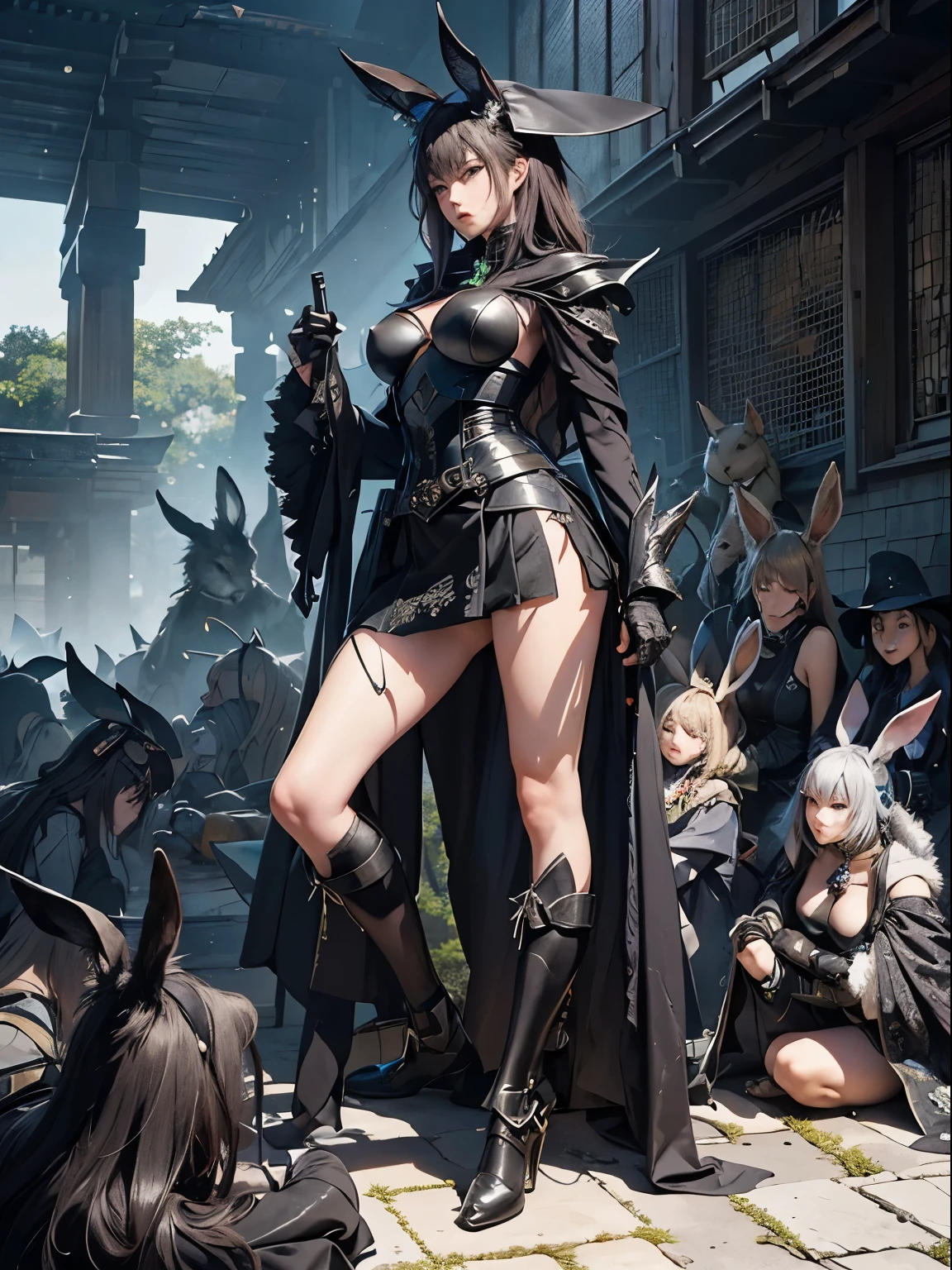 Masamune Shirow, Arthur Rackham, Surreal, mysterious, strange, fantastical, fantasy, Sci-fi, Japanese anime, miniskirt beautiful witch, perfect voluminous body, surrounded by a group of armored rabbits in the schoolyard, on the verge of fighting, detailed masterpiece