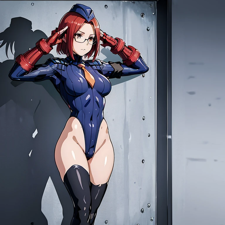 ultra-detailed, Explicit, Beautiful body, Beautiful Nose, Beautiful character design, perfect eyes, perfect face, ultra highres, 4K, beautiful legs, perfect legs, Nice hands, Perfect hand, Masterpiece, Best Quality, Highly detailed, illustration, absurdres, street fighter, doll suit, shadaloo doll, dollsuit, expressionless, blank eyes, looking at viewer, red gloves, emotionless, black latex, corrution, mind control, female combatant, full body, hypnotized, unhappy trance, full body suit, ribbed bodysuit, both arms at side, obey, perfect female body, extremely glossy latex, hypnosis, hypnoLora, empty eyes, Mind control device, poses, submissive_pose, Slave, hat, necktie, stand up straight, standing, standing at attention, hat, necktie, belt, latex, ribbed bodysuit, thighhighs, garter belt, Fighting Stance, extending the right arm from the shoulder into the air with a straightened hand, nazi saluting, military, military saluting, salute, thigh boots, solo, 1girl, spy classroom, grete, red hair, medium hair, red eyes, led holographic glasses