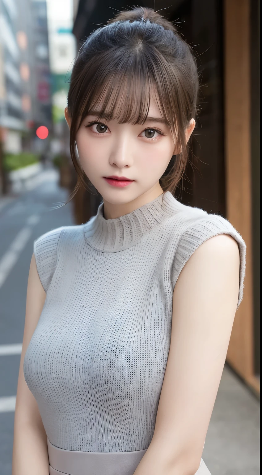 finely detail, hight resolution, hightquality、Perfect dynamic composition, Beautiful detailed eyes, Medium Hair, small tits、Natural Color Lip,Kamimehibuya、20 years girl、1 persons、Transparent skin、Glowing hair、masutepiece, Best Quality, Illustration, Ultra-detailed, finely detail, hight resolution, 8K、The correct state of the human body、Randomly cute poses,Ponytail hair,beauty legs,Perfect beautiful face,KPOP Idol Face,Face that feels ecstasy,Pale light grey knitted dress,Background blur,Randomly dress up as a model for a women's fashion magazine