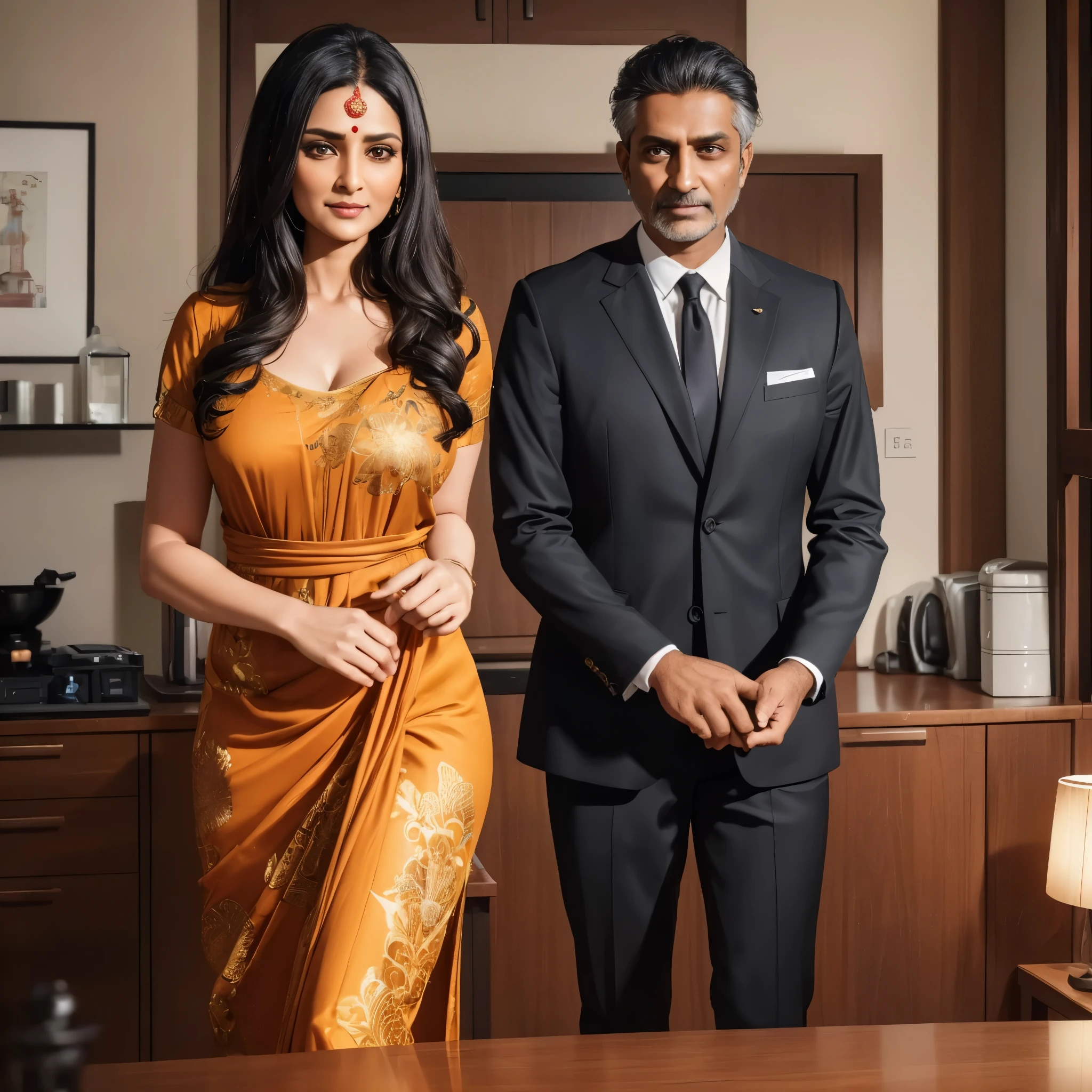 (best quality,4k,8k,highres,masterpiece:1.2),ultra-detailed, Couple ,1woman, Indian goddess Kali as middle aged housewife, long black hair, brown skin, In her 40's, wearing 1950's house dress, 1Man, Indian god Shiva as a middle aged salaryman, Black hair, in his 40's wearing black business suit, smiling, facing viewer, HDR, 8k, absurdres, cinestill 800, sharp focus