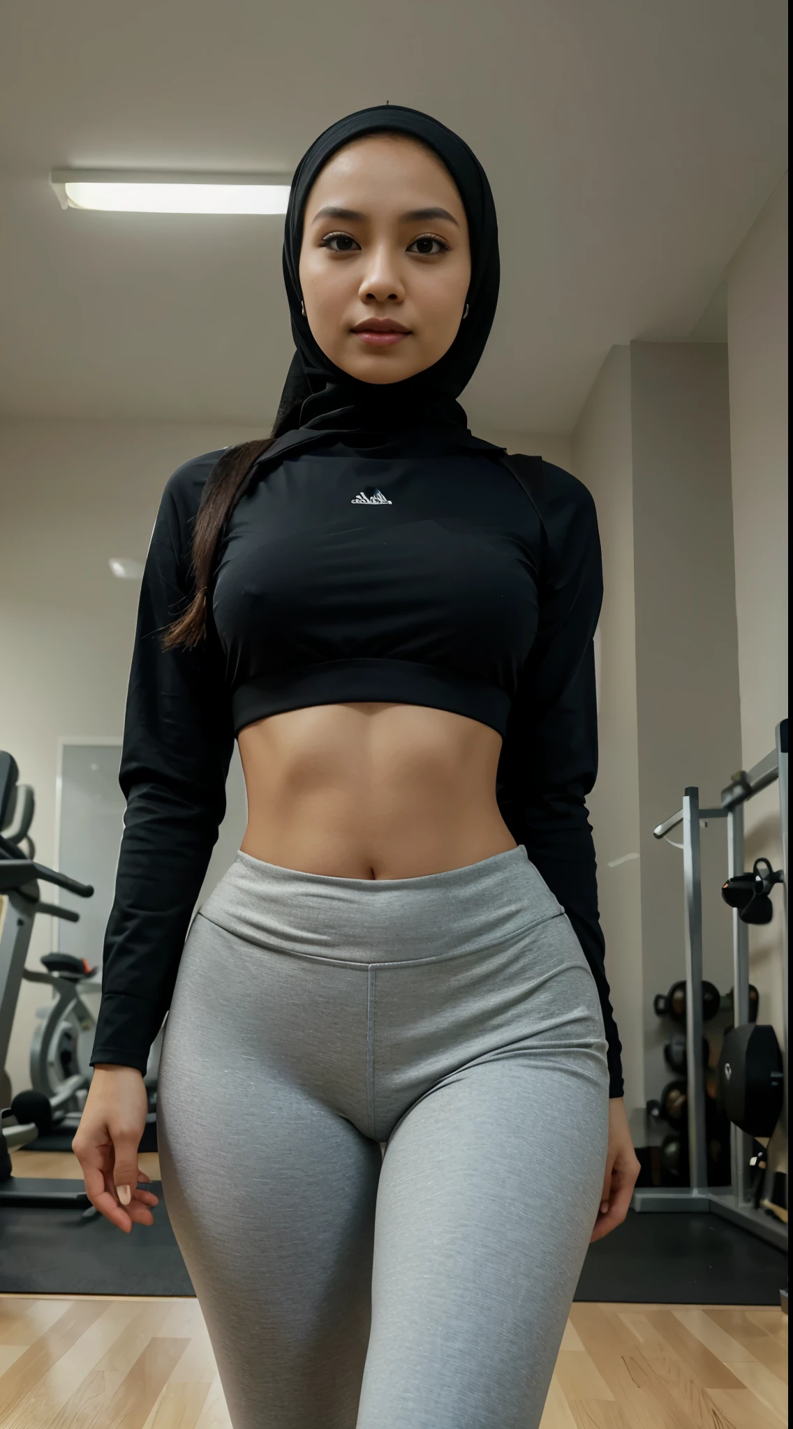 Malay girl 30 years old,in hijab wear shirt and high waist leggings in gym, seating, wear back pack, front view, detail skin, detail skin texture, mole below eyes, small breast, big hip, big waist, big thigh, slim abs, beautiful body, evening, laughing, happy, bright lighting, blur background, bokeh.hyper realistic picture. super realistic picture. 8k hd photo