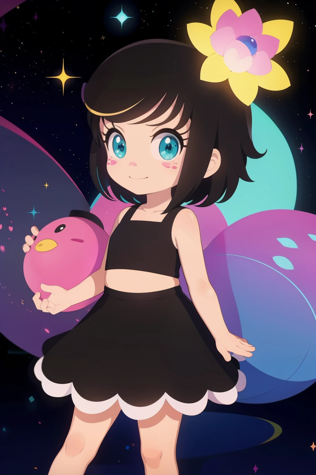 1girl, solo, full body, Hanazuki, black hair, yellow highlights, pink nose and freckles, bracelet, black sleeveless two-piece skirt set, skirt, barefoot, yellow trimmings, glowing, joyfully, cute smile, happy, arms behind back, neon lights, space, galaxy