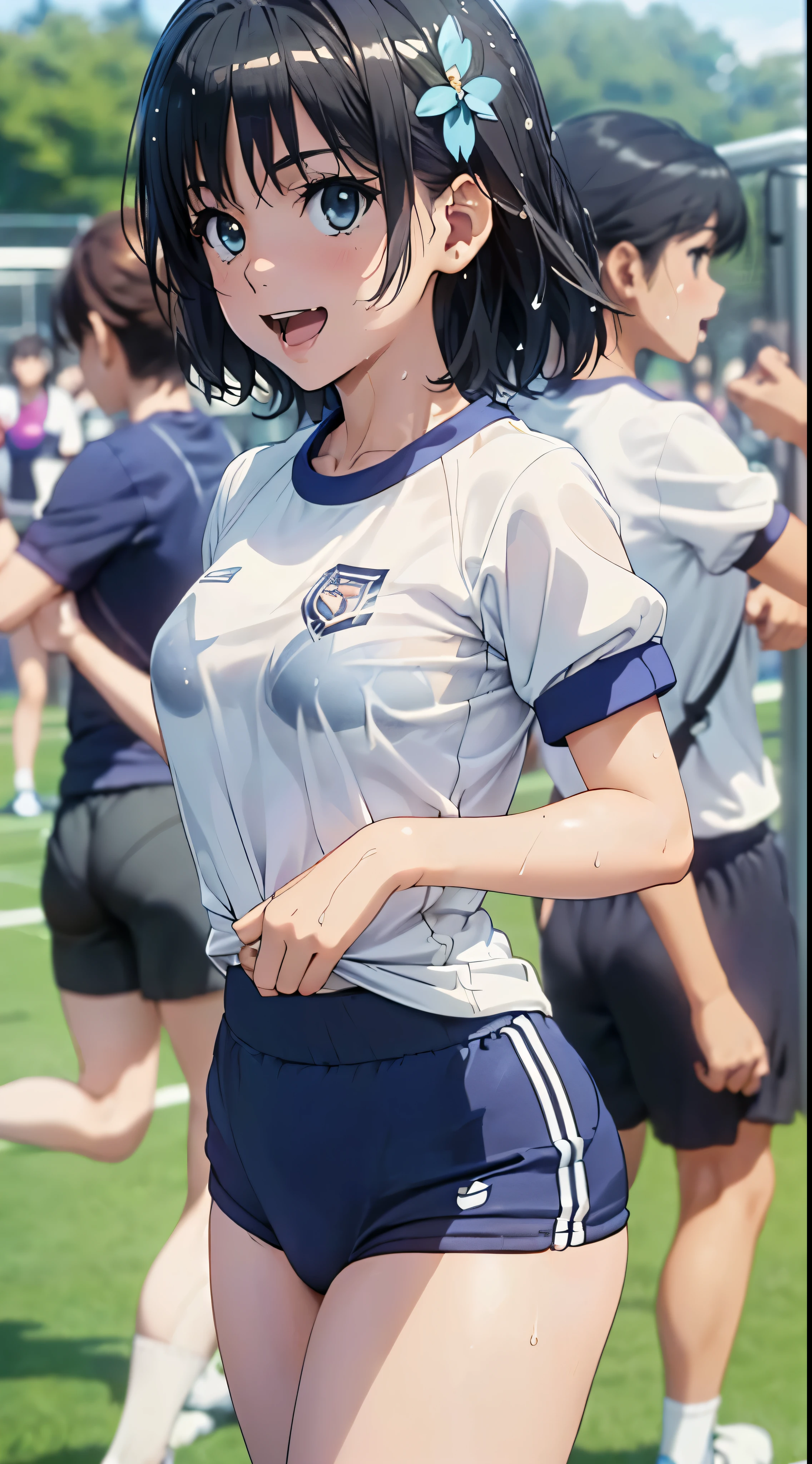 1womanl,Black hair,14 year old beautiful breasts,(((Sexy white and blue shiny short sleeve gym clothes and short cheeks、Smile with open mouth)),(((Satin Narico))),((( portlate))),Crowds,Shiny white short-sleeved gym uniform and blue pants,Wet with sweat,((athletic field)),((see -through)),outside of house,(((clothes shiny)))