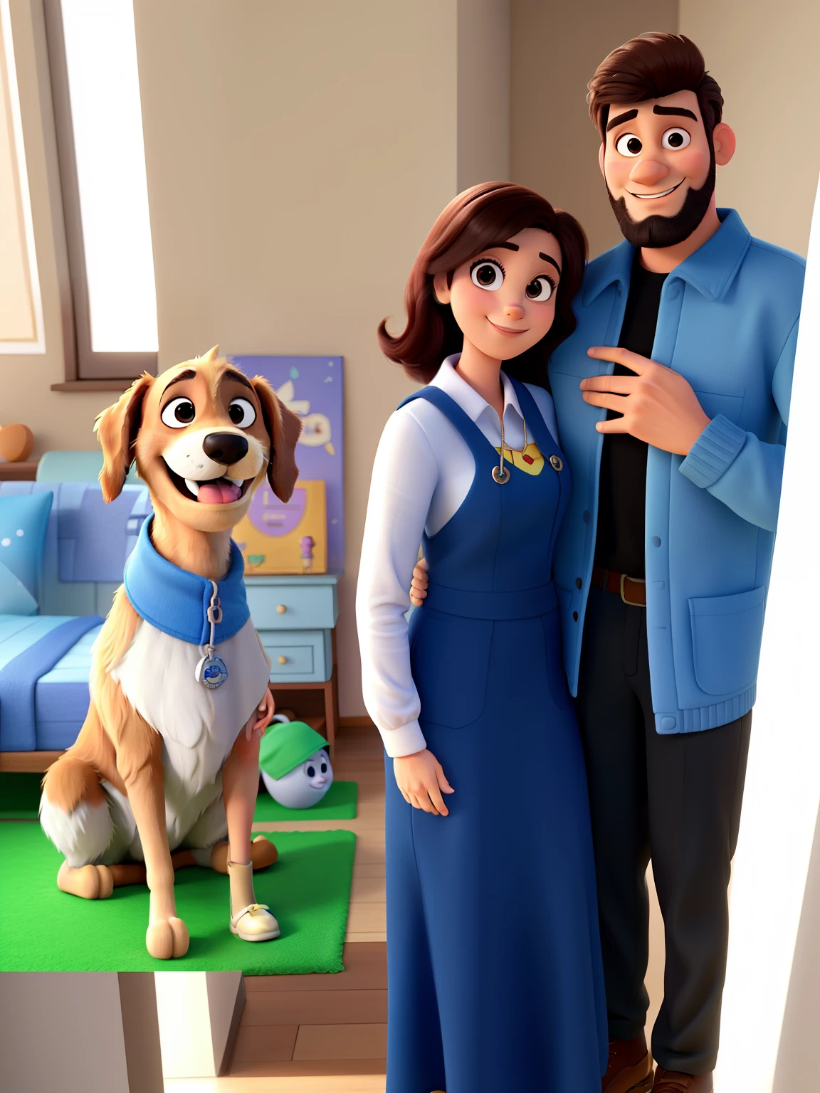Um casal estilo Disney pixar, alta qualidade, melhor qualidade, Couple smiling and hugging , homem com barba curta e roupa igual da foto com 30 anos, mulher com vestido Black e 47 anos, e o cachorro igual da foto