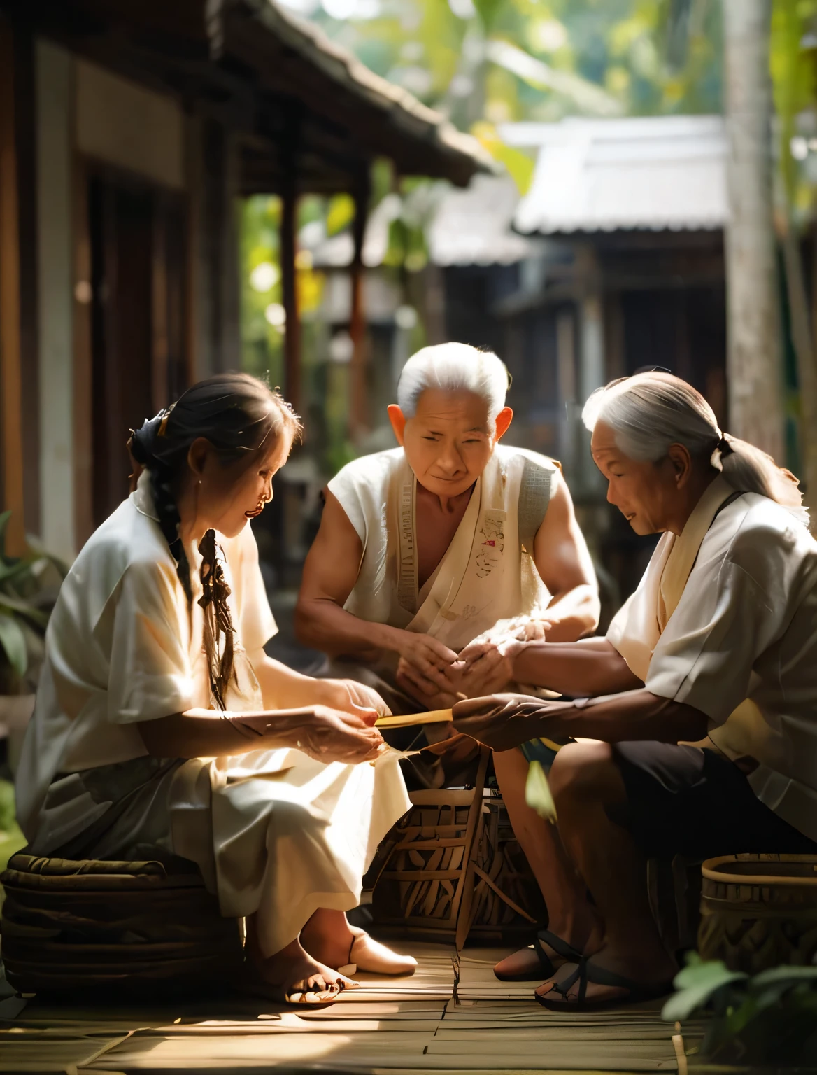 three Filipino people sitting on a wooden bench with baskets and baskets, portrait shot, old asian village, beautifully lit, inspired by Nam Gye-u, an indonesian family portrait, barong family member, tea ceremony scene, by Han Gan, an elderly, beauty shot, still from a live action movie, playing, morning glow, traditional art, hard morning light, morning light.