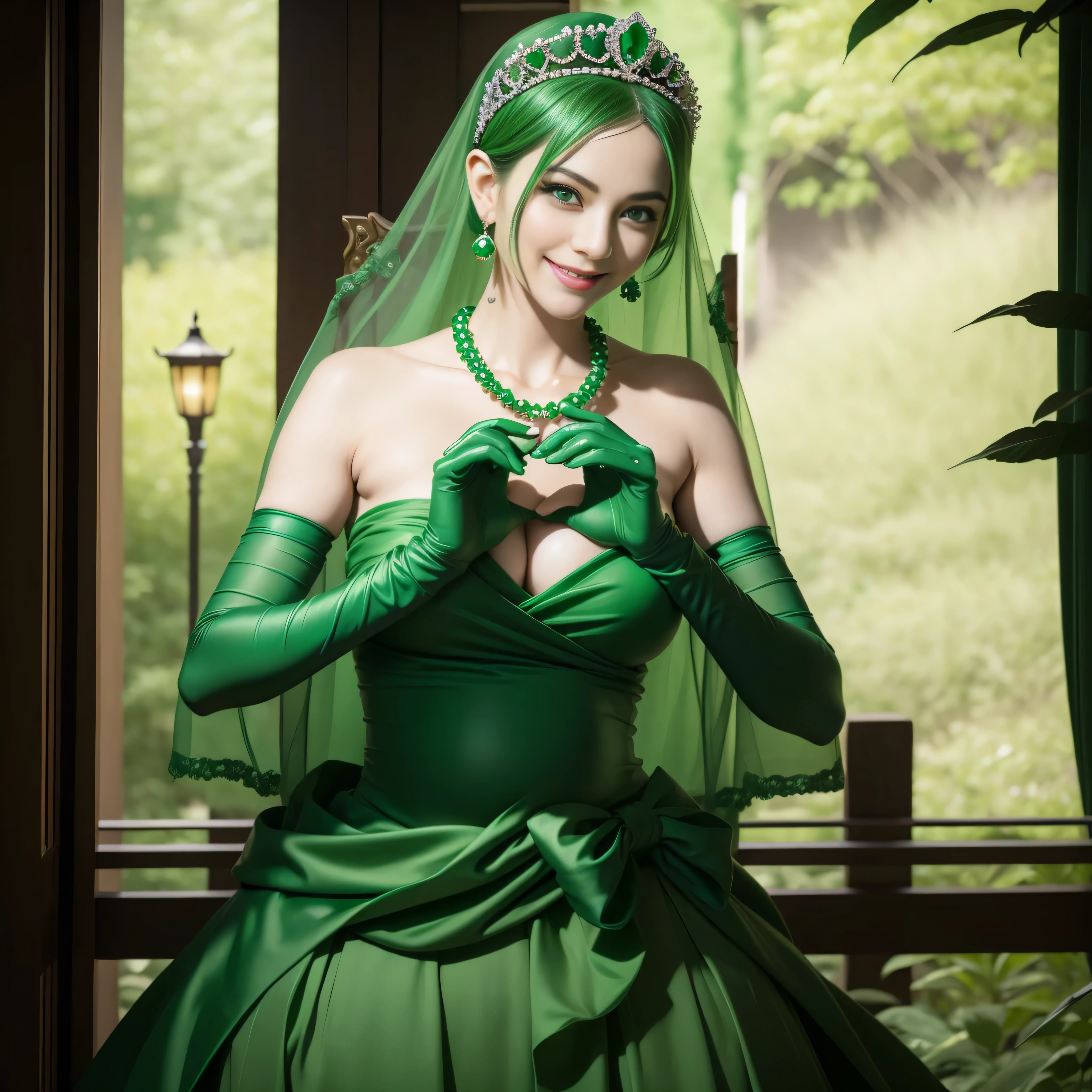 emerald tiara, Green Pearl Necklace, Boyish very short green hair, lipsticks, Japan woman smiling, very short short hair, big breasts beautiful, Green eyes, Long green gloves made of satin material, Green eyes, Emerald Earrings, green vale, 両Heart in the hand, Heart in the hand, Pregnancy, Pregnant Woman