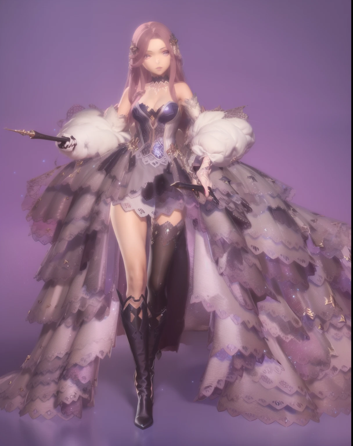 There&#39;s a woman in a skirt and boots holding a wand, Fantasy costumes, complex clothing, very detailed and rich clothing, Lineage 2 style, clothing design, Complex and gorgeous anime CGI style, Dress up in dreamy formal attire, Fantasy style clothing, Astral Witch Clothes, From the maiden front, 🌺 CG, from heaven 2, Popular topics on cgstation