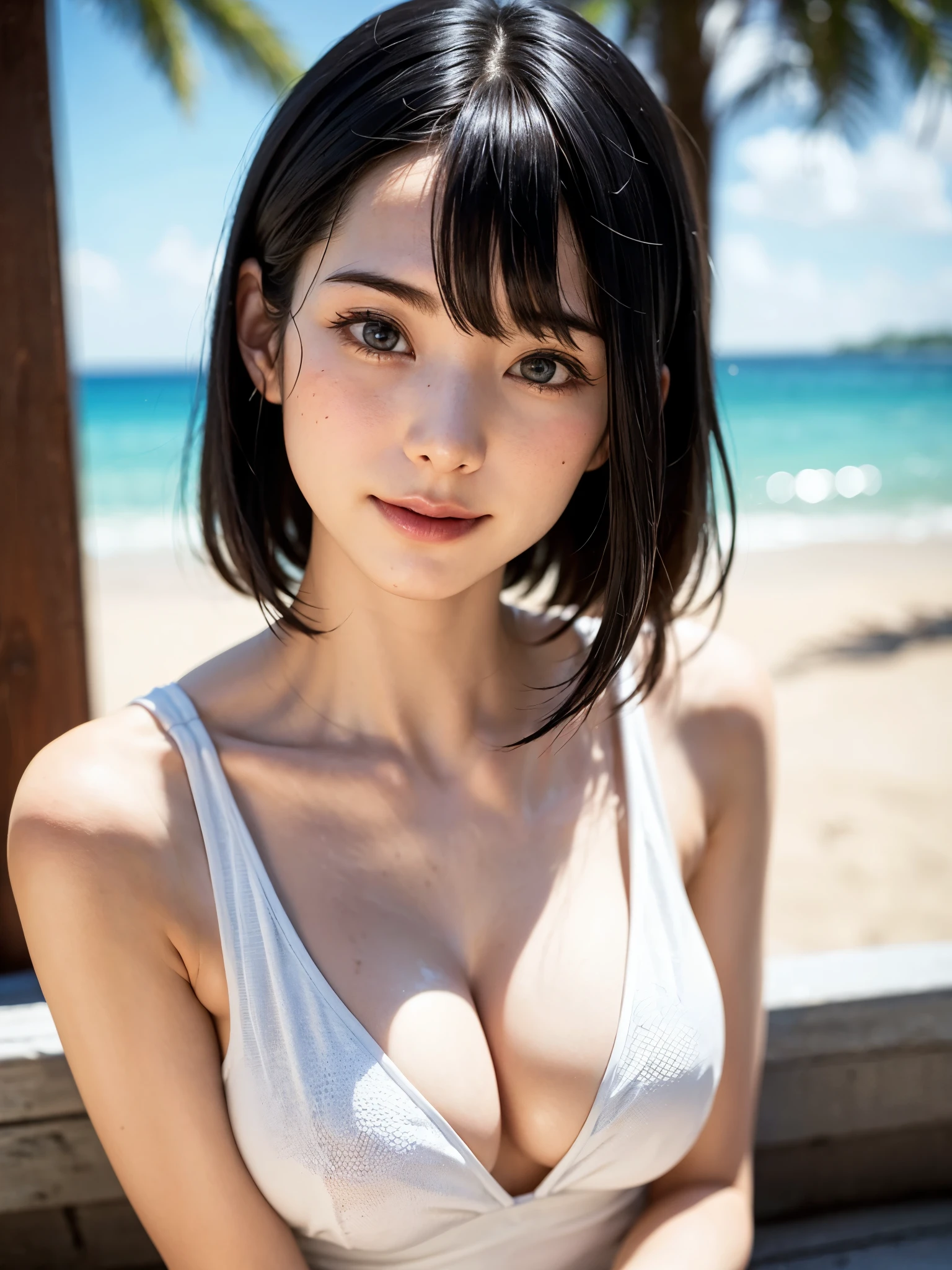 1人、top-quality、realisitic、report、depth of fields、natural soft light、during daytime、魅惑的、beauitful face、Cleanliness、Pure face、de pele branca、cute hawk hair、bangss、the beach、rays of sunshine、Nedium Breast Body Esbian、((Attractive see-through costume、Golden Ratio Beauty Face、 Beautiful symmetrical face))、long neck、Put your ears out、bangssのあるきれいな短いボブヘア、Smile with your mouth closed:1.4、Smile with your mouth closed:1.4、perfect hand指、perfect hand、Perfect body、face perfect、Shine a light into the eyes、Perfect Anatomy:1.4、very cute super model:1.4、sexual:1.4