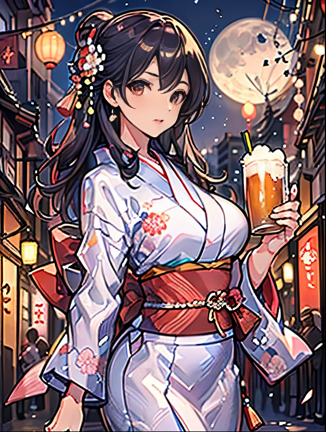 top-quality, hiquality, fullmoon, Beautiful woman in kimono, large full breasts, Grab a beer mug, red lipsticks, A sexy, chrysanthemum, A Japanese style, paper lanterns, Beautiful moonlit night,