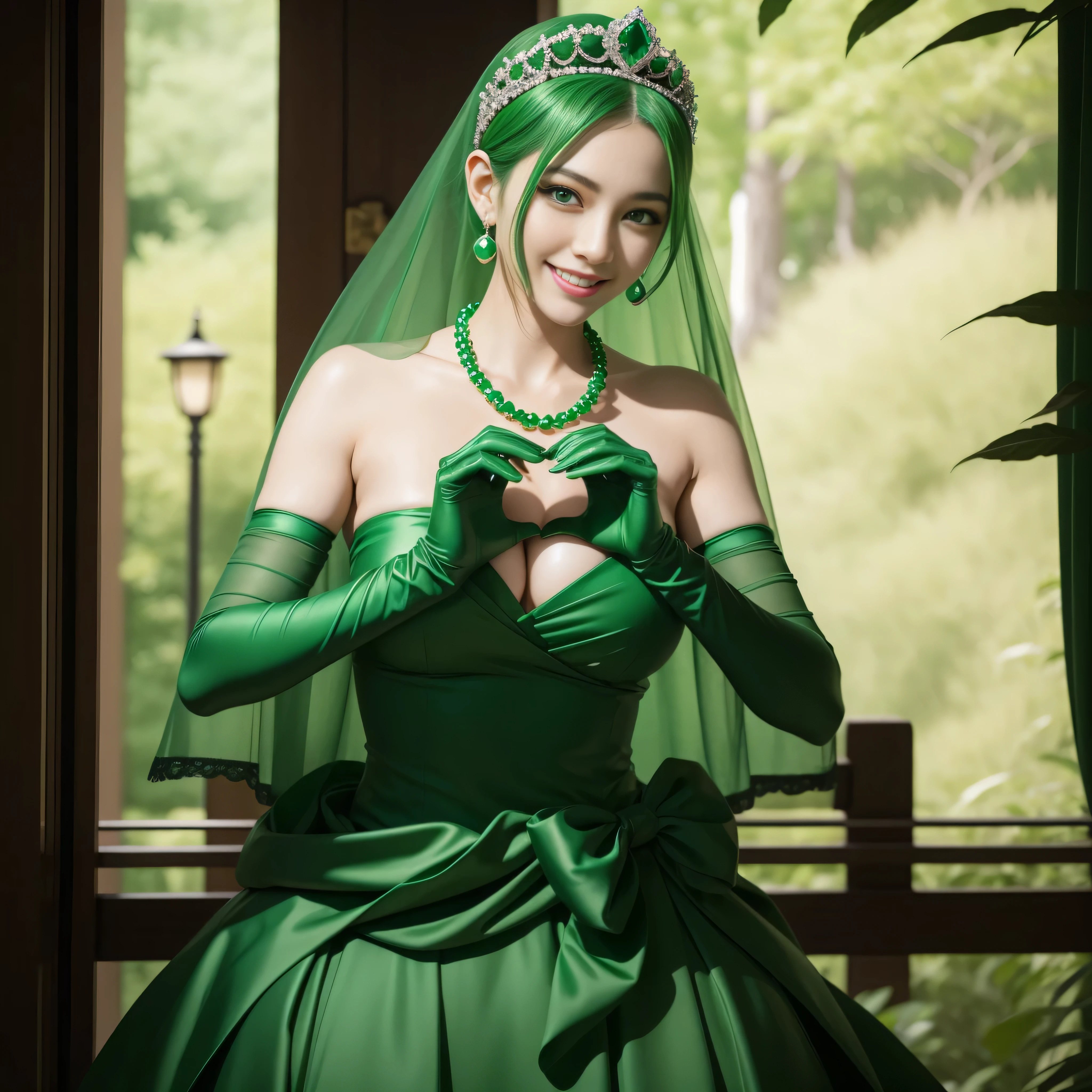 emerald tiara, Green Pearl Necklace, ボーイッシュな非常に短いGreen hair, lipsticks, Japan woman smiling, very short short hair, big breasts beautiful, Green eyes, Long green gloves made of satin material, Green eyes, Emerald Earrings, green vale, 両Heart in the hand, Heart in the hand, Green hair