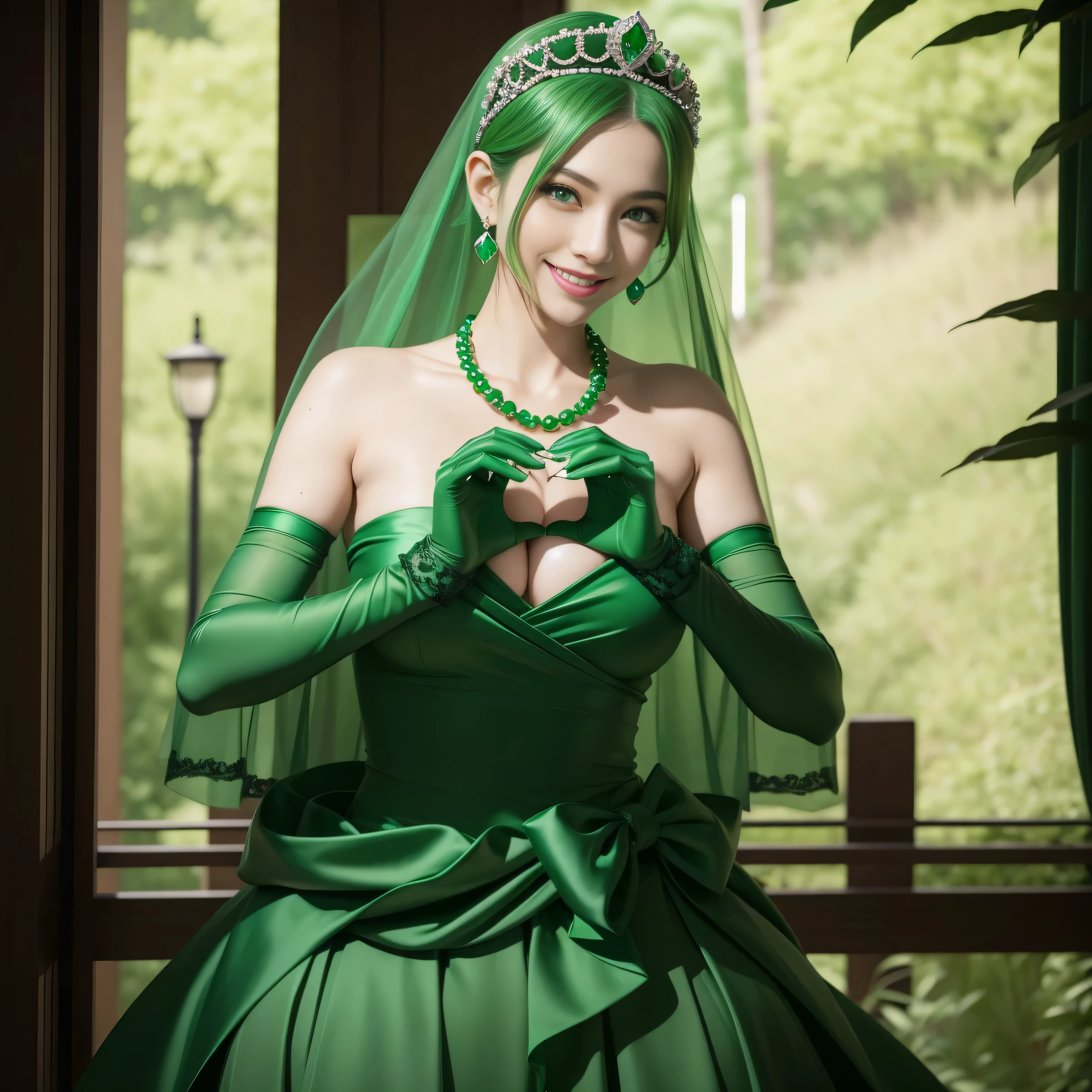 emerald tiara, Green Pearl Necklace, ボーイッシュな非常に短いGreen hair, lipsticks, Japan woman smiling, very short short hair, big breasts beautiful, Green eyes, Long green gloves made of satin material, Green eyes, Emerald Earrings, green vale, 両Heart in the hand, Heart in the hand, Green hair