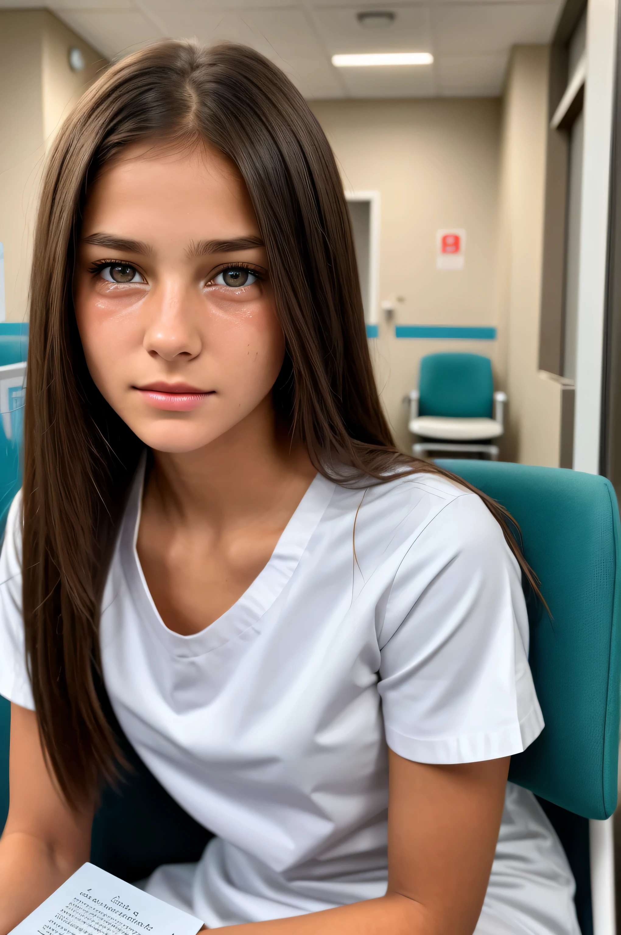 {there is a young girl sitting in a wating room of a hospital. she is beautiful, and attractive. she is wearing a white t-shirt style dress. she has some blood stains on her dress. she has beautiful long brown hair, and beautiful hazel eyes. she is holding a photo. she is crying. the hospital waiting room is busy. there is a lot of other people there. there is a nurse sitting next to her.}, {best quality}, {{masterpiece}}, {highres}, {{{8k}}}, extremely detailed girl, {{{caucasian skin}}}, {{{detailed face}}}, {photo-realism}, {{perfect anatomy}}, sharp focus, {{{character{1 girl}}}}, solo, {{{{{sharp focus}}}}}, {{{detailed cloth texture}}}, {{{detailed skin texture}}}, {{{smooth lighting}}}, {{australian decent}}, {{18-years old girl}},