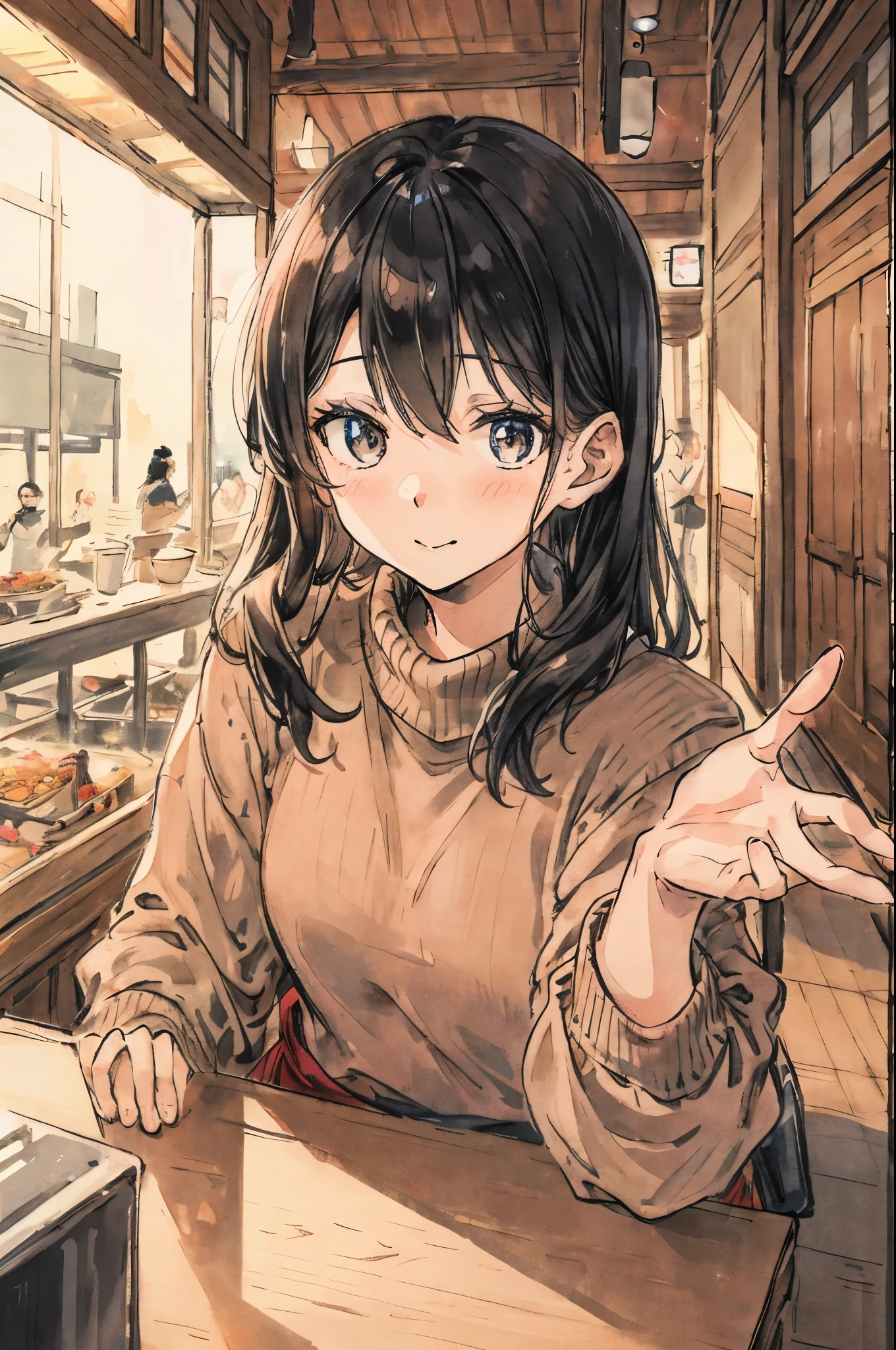 Japan tavern、A woman in a sweater sitting at a counter seat、Wave your hand at us、I&#39;m a little far away、
