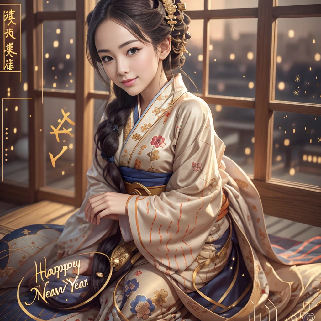 winter new year event announcement poster, (Best Quality,Photorealistic),Solo,beautiful japanese female,Traditional kimono,Natural posture,Gentle smile,Impressive gaze,Traditional hairstyle,Tatami room at dusk,Sitting by the window,Illuminated by city lights,(Engaging pose),Professional Photographer,Shallow depth of field,Backlight, Leaning forward, In a pose that looks like sitting straight facing the front., Hands on the floor, Tilt your head and look up, Smiling face, I would like to thank the viewers., ((within the screen「Wish you a happy new year！」enter the text characters of:1.5))