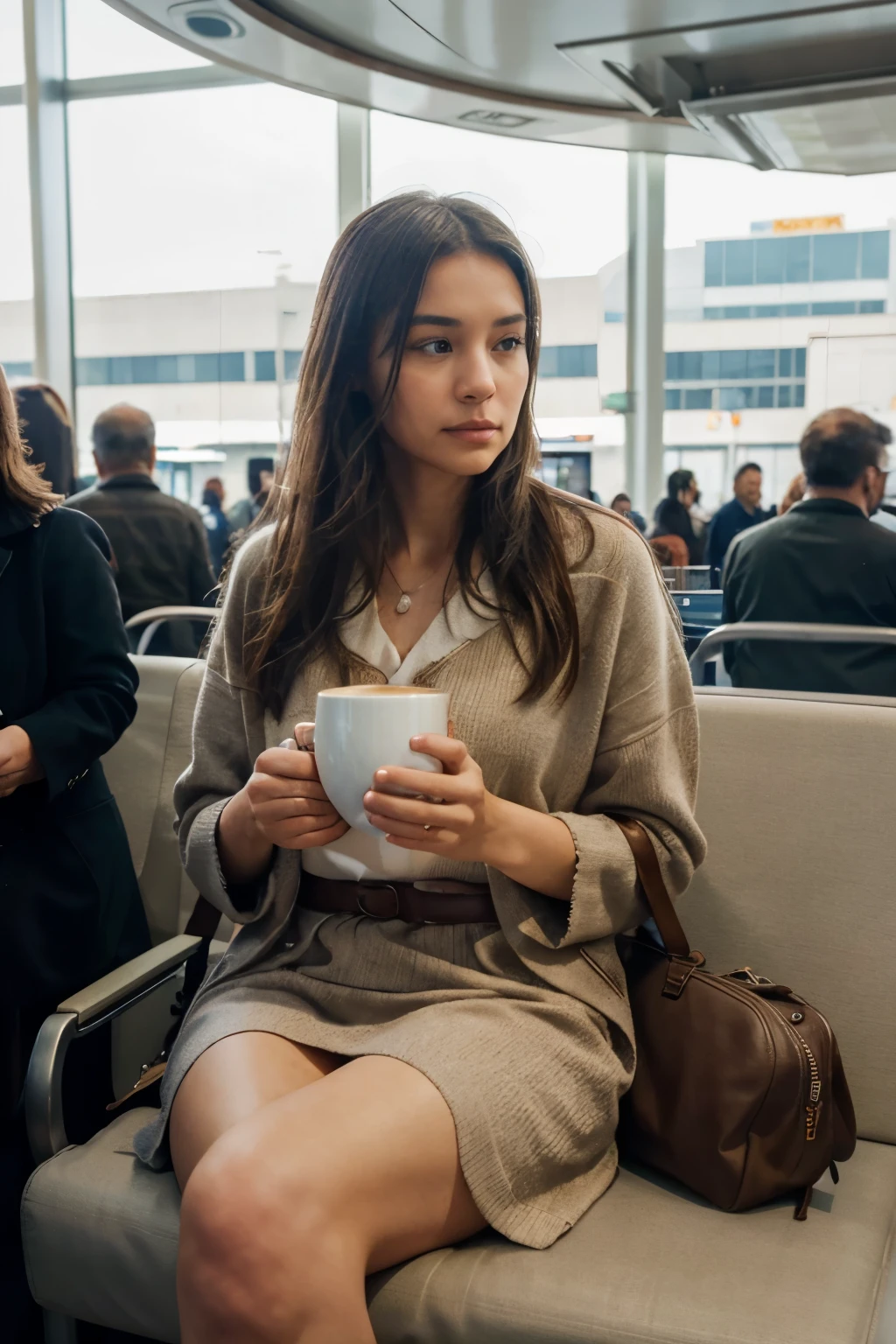 Capture the realism of a woman seated, hands delicately wrapped around a steaming cup of coffee. In the backdrop, an airport bustling with activity: hurried passengers, distant announcements, the constant hum of a transit hub. Yet within this frame, she appears to find a moment of calm, isolated amidst the flurry of her surroundings. RealisticCapture AirportSerenity 8K Photography