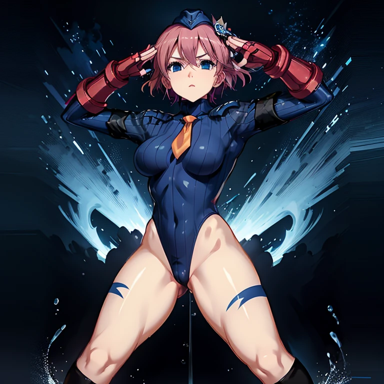 ultra-detailed, Explicit, Beautiful body, Beautiful Nose, Beautiful character design, perfect eyes, perfect face, ultra highres, 4K, beautiful legs, perfect legs, Nice hands, Perfect hand, Masterpiece, Best Quality, Highly detailed, illustration, absurdres, street fighter, doll suit, shadaloo doll, dollsuit, expressionless, blank eyes, looking at viewer, red gloves, emotionless, black latex, corrution, mind control, female combatant, full body, hypnotized, unhappy trance, full body suit, ribbed bodysuit, both arms at side, obey, perfect female body, extremely glossy latex, hypnosis, hypnoLora, empty eyes, Mind control device, poses, submissive_pose, Slave, hat, necktie, stand up straight, standing, standing at attention, hat, necktie, belt, latex, ribbed bodysuit, thighhighs, garter belt, Fighting Stance, extending the right arm from the shoulder into the air with a straightened hand, nazi saluting, military, military saluting, salute, thigh boots, solo, 1girl, Pink hair, blue eyes, medium hair, Komine Sachi, Fruit of Grisaia