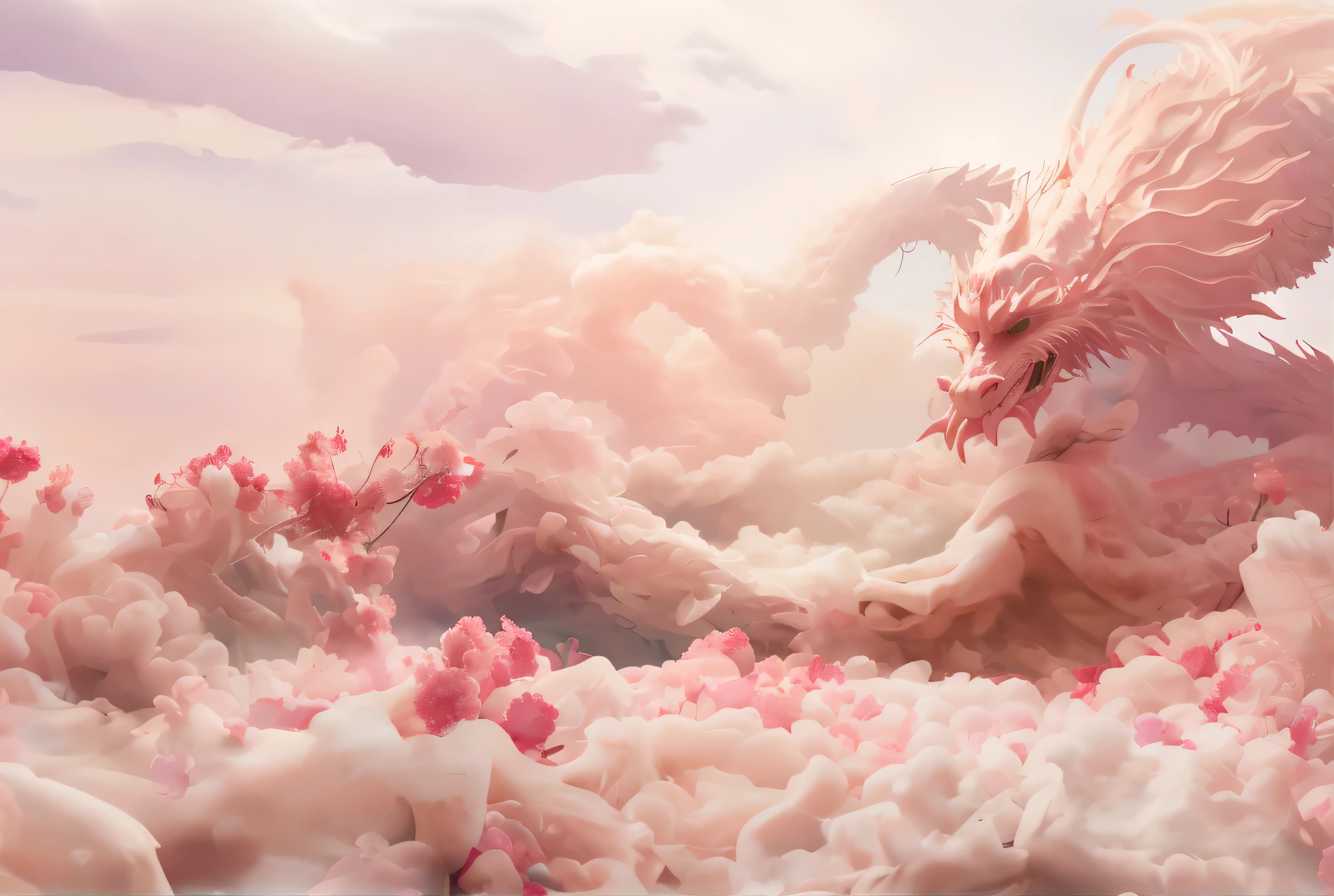 There is a dragon looming among the pink flowers in the clouds, a dragon made of clouds, chinese fantasy, 🌺 CG, 4k highly detailed digital art, china silk 3d dragon, lie on white clouds fairyland, Beautiful digital artwork, Dragon-shaped clouds, detailed fantasy digital art, Fluffy pink anime cloud, 8K high quality detail art