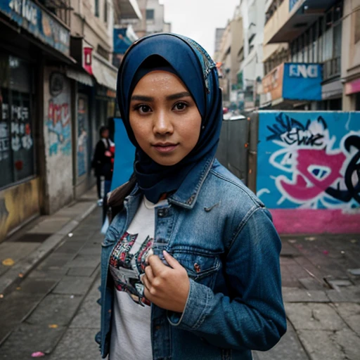 Close-up of a young Malay beautiful woman in hijab, wearing a blue denim jacket, holding an umbrella, Graffiti and street art as background, colorful patterns, expressive eyes, contrast and sharpness, Canon EOS 5D Mark IV, ISO1600, f/4, 6k .