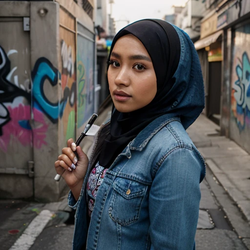 Close-up of a young Malay beautiful woman in hijab, wearing a blue denim jacket, holding an umbrella, Graffiti and  street art as background, colorful patterns, expressive eyes, contrast and sharpness, Canon EOS 5D Mark IV, ISO1600, f/4, 6k .