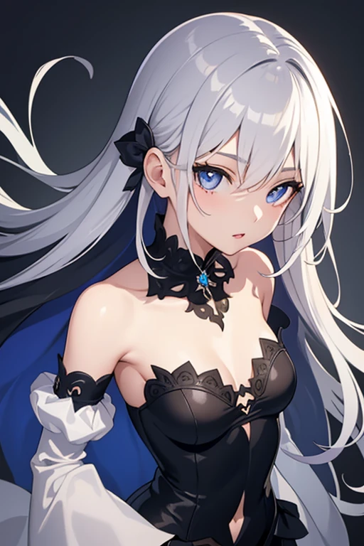 1girl, anime, cute girl, blank background, white background, fantasy, detailed dark fantasy dress with highlights, beautiful face, beautiful eyes, dark colors, silver hair, slightly small breasts, slight cleavage, beautiful skin, cute, breast curtains, extremely delicate and beautiful, (beautiful detailed face:1.0), (detailed deep eyes), symmetrical breasts, deep eyes, shiny skin, portrait, slender waist, hips wider than shoulders, thighs, young girl, expressionless