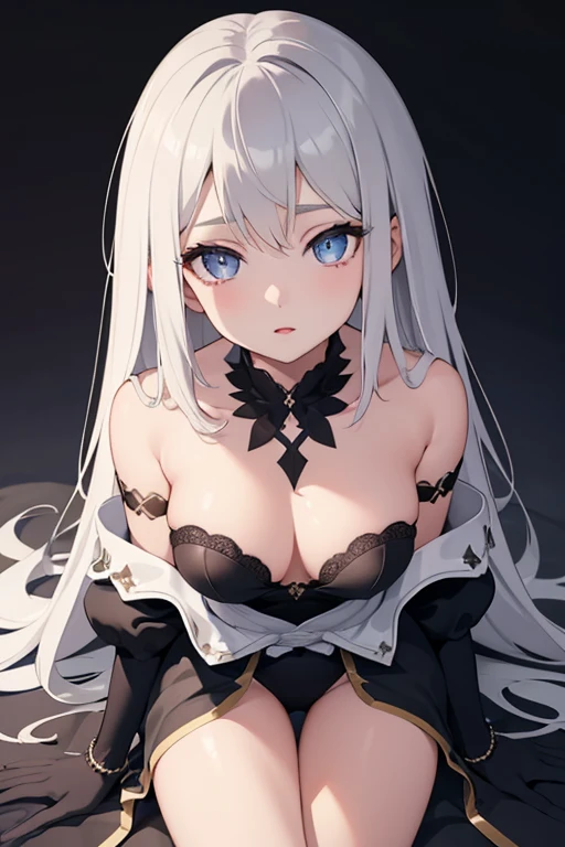 1girl, anime, cute girl, blank background, white background, fantasy, detailed dark fantasy dress with highlights, beautiful face, beautiful eyes, dark colors, silver hair, slightly small breasts, slight cleavage, beautiful skin, cute, breast curtains, extremely delicate and beautiful, (beautiful detailed face:1.0), (detailed deep eyes), symmetrical breasts, deep eyes, shiny skin, portrait, slender waist, hips wider than shoulders, thighs, young girl, expressionless