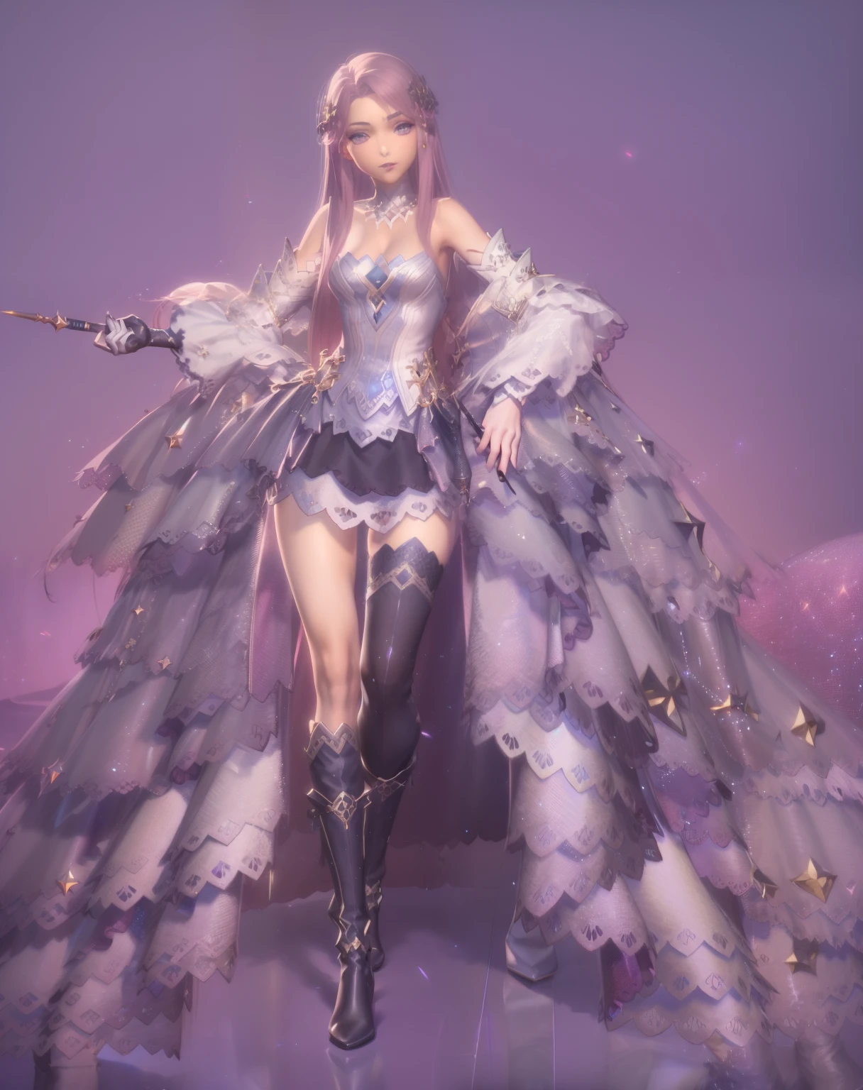 oda&#39;sa woman wearing skirt and boots holding magic wand, fantasyoutfit, complex clothing, very detailed and rich clothing, Lineage 2 style, clothing design, Complex and gorgeous anime CGI style, Wear your dreamy formal attire, Fantasy style clothing, Astral Witch Clothes, from the girl, 🌺 CG, from heaven 2, Popular topics on cgstation