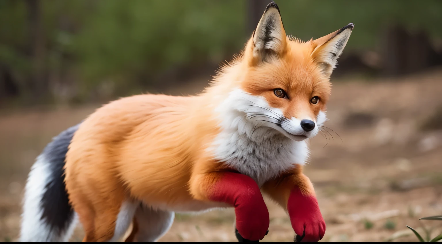 fox is standing。The fox has red gloves on both hands.。