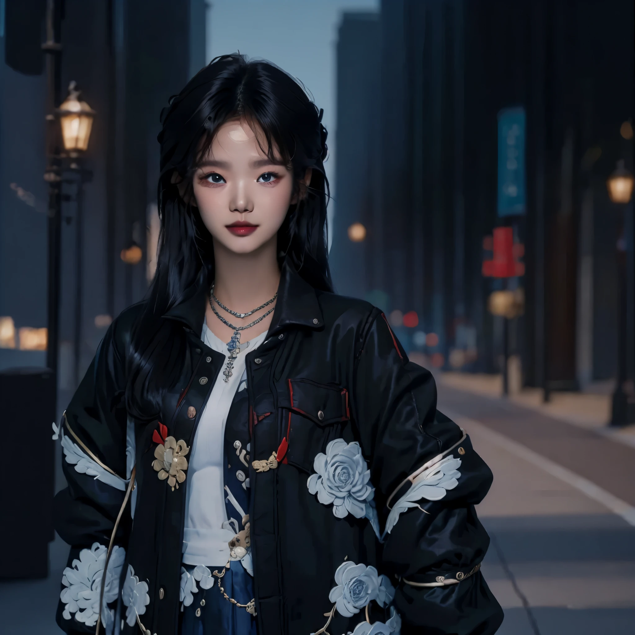 (best quality,4k,8k,highres,masterpiece:1.2),ultra-detailed, Korean Goddess Eopsin as a college student, Kim Go-eun, black hair, rich girl, XIVSTREETJACKET, on a city street, Arrogant smile on her face, close up on head and shoulders, looking at viewer, Id photo, HDR, 8k, absurdres, cinestill 800, sharp focus