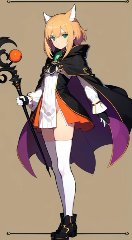 (((Best Quality))) , ((full body)), female, character design, solo, (white background), holding staff, gloves, cloak, thigh high, side slit trench skirt, blue, orange, green, violet, brown, white, colorful outfit,