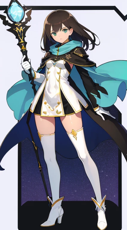 (((Best Quality))) , ((full body)), female, character design, solo, (white background), holding staff, gloves, cloak, thigh high, side slit trench skirt, blue, orange, green, violet, brown, white, colorful outfit,