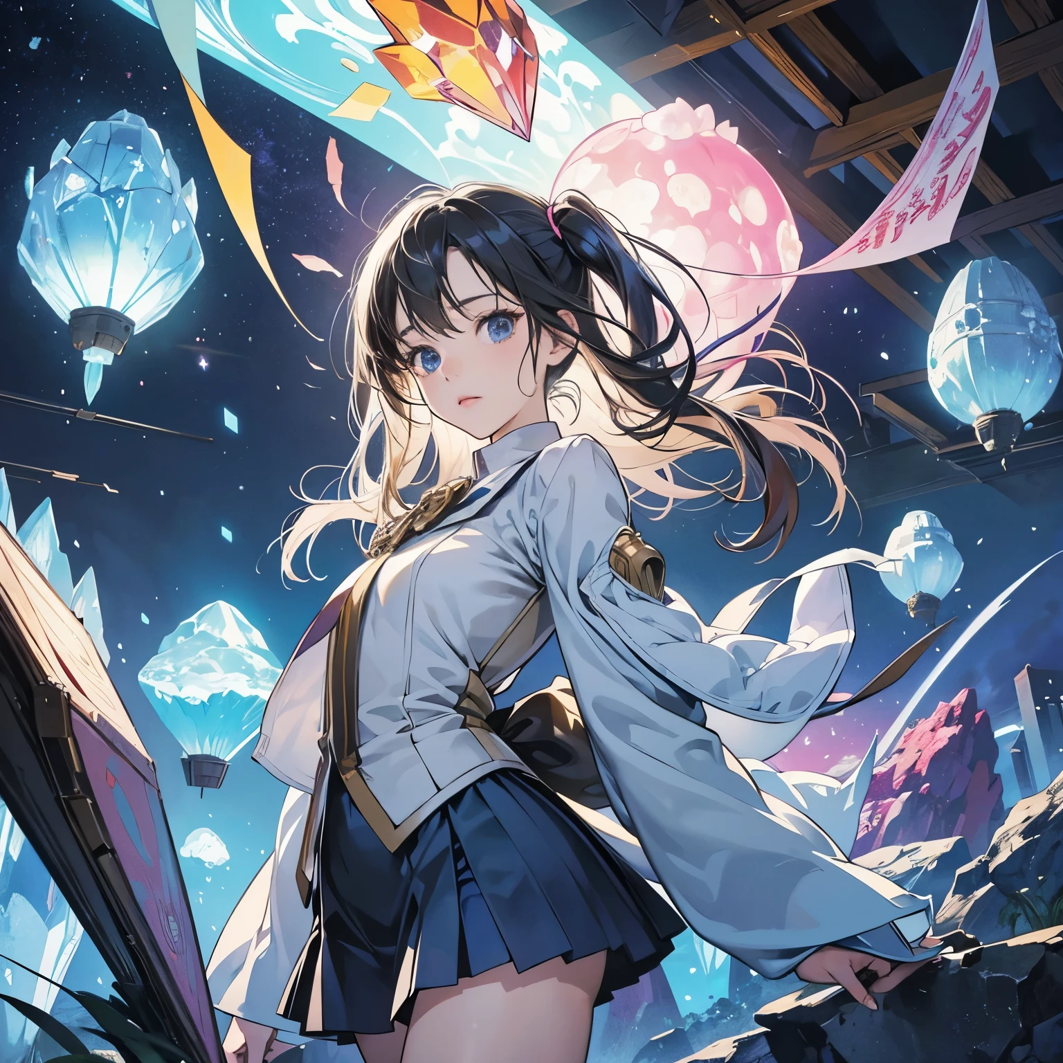 Melissa Sweet, Shigeru Tamura, Surreal, mysterious, strange, fantastical, fantasy, Sci-fi, Japanese anime, crystal sculpture, miniskirt beautiful girl in the atelier, perfect voluminous body, from night to day, detailed masterpiece