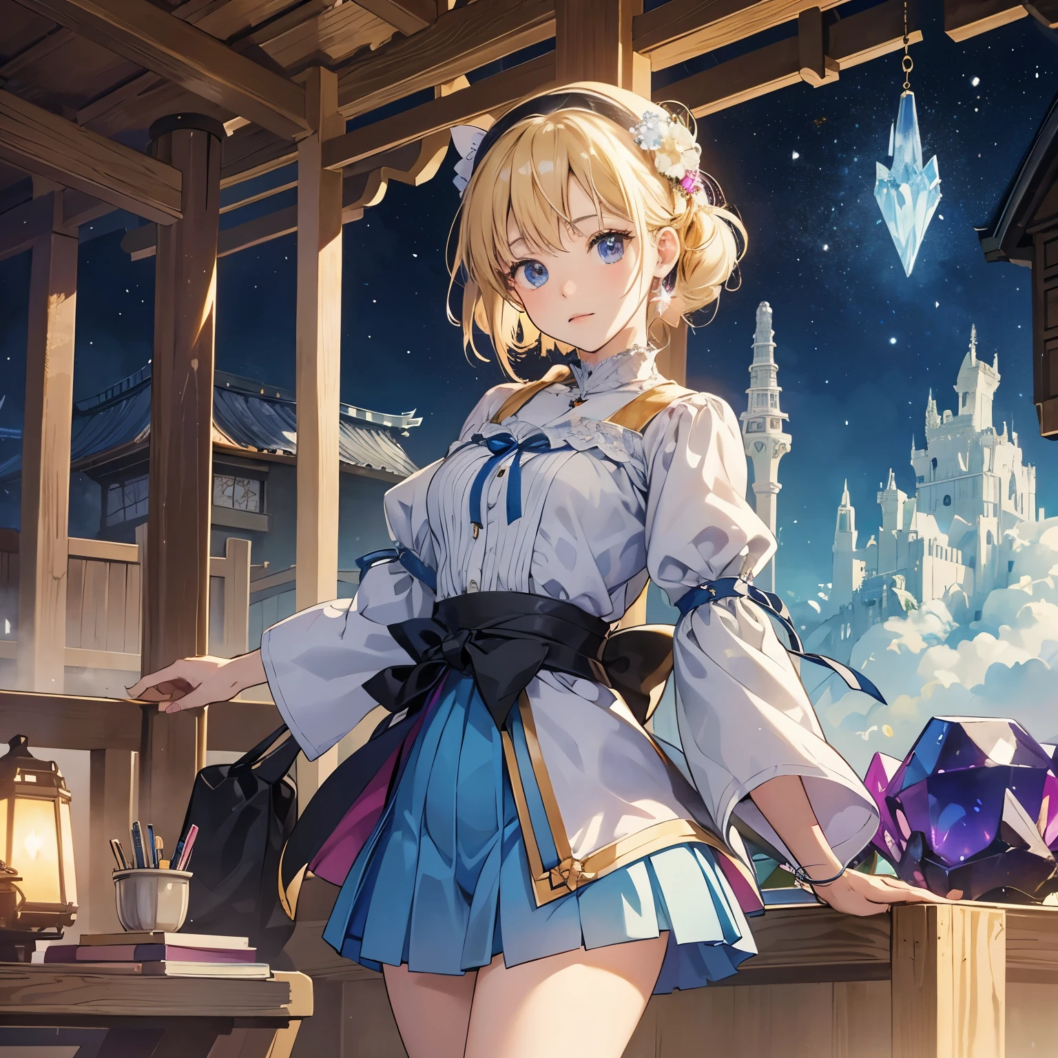 Melissa Sweet, Shigeru Tamura, Surreal, mysterious, strange, fantastical, fantasy, Sci-fi, Japanese anime, crystal sculpture, miniskirt beautiful girl in the atelier, perfect voluminous body, from night to day, detailed masterpiece