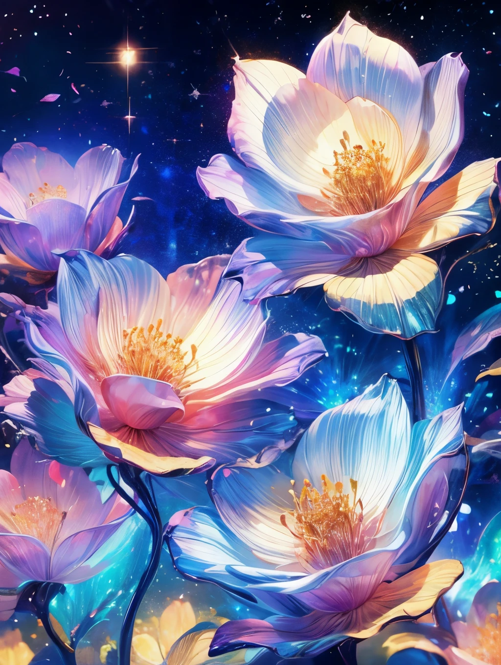 Beautiful gradations, a night sky full of sparkling stars, bright colors of the moon and stars, smooth and glossy textures, a
combination of warm and cool colors, and a fantastic atmosphere.