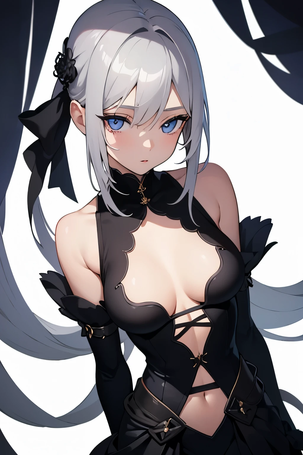 1girl, anime, cute girl, blank background, white background, fantasy, detailed dark fantasy dress with highlights, beautiful face, beautiful eyes, dark colors, silver hair, slightly small breasts, slight cleavage, beautiful skin, cute, breast curtains, extremely delicate and beautiful, (beautiful detailed face:1.0), (detailed deep eyes), symmetrical breasts, deep eyes, shiny skin, portrait, slender waist, hips wider than shoulders, thighs, young girl, expressionless