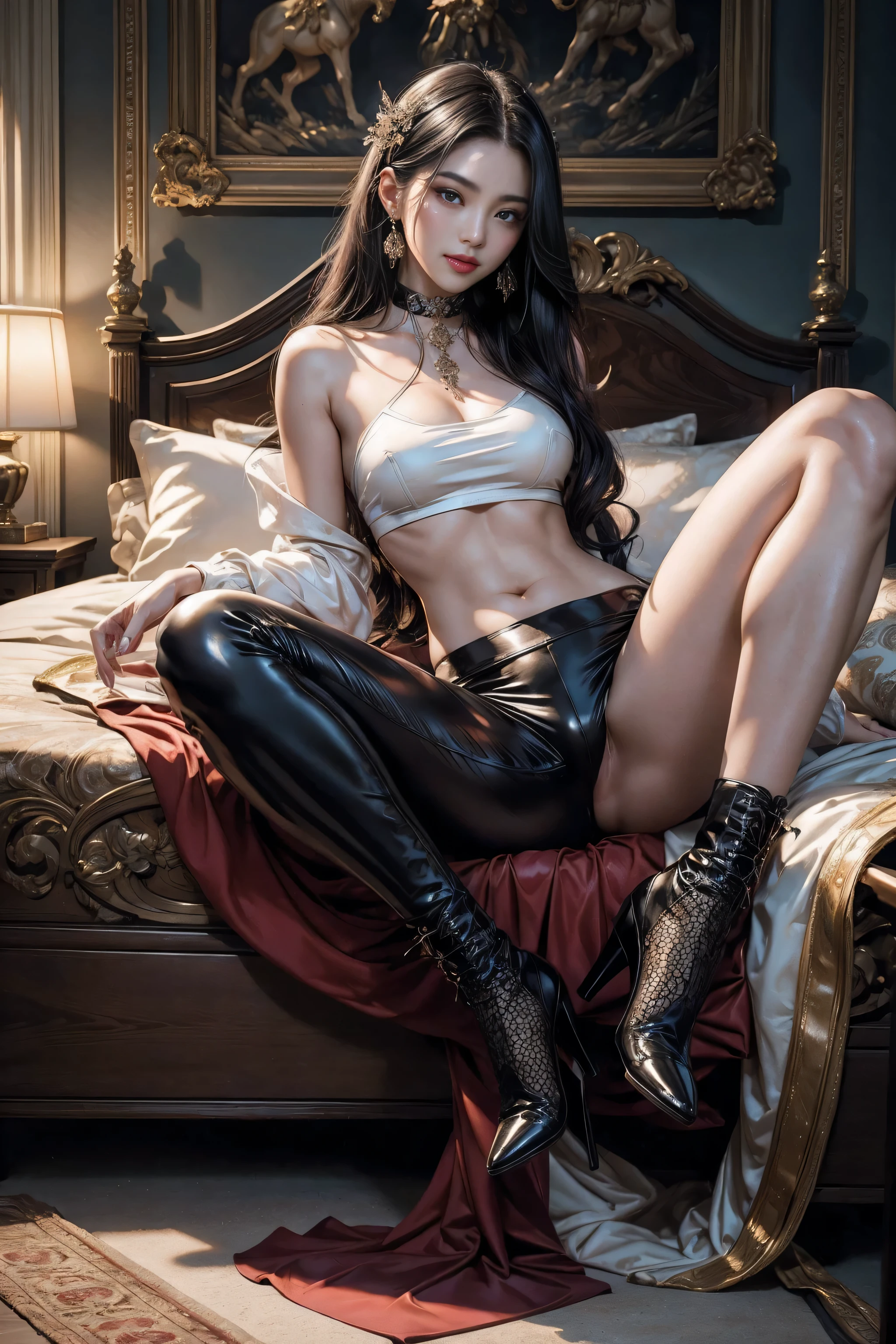 A very sexy and beautiful asian girl,A very mature and beautiful girl,Sexy mature royal sister,Royal sister temperament,Supermodel temperament,asian aristocrat气质,Alone,in ancient palace,European antique style bedroom decoration,patent leather trousers,White crop top camisole,patent leather coat,Street attire,asian aristocrat女生,Patent leather high heeled boots,ear nipple ring,choker necklace,(An extremely delicate and beautiful work:1.1)a very sexy and beautiful woman,Have perfect body proportions,Tight body lines,S-shaped body,Sexy and perfect body curves(plum),moist skin feeling,clear skin texture(Advanced skin details:1.1)supermodel perfect face,Sexy red lips,Enchanted smile,exquisite facial features,Long dark purple hair,Clear and fine hair texture(Quality hair details:1.1),Red pupils,Clear and refined eye details,Beautiful and sophisticated eye makeup,(Advanced eye detail:1.1)The optimal ratio of four fingers to one thumb.Beautiful and exquisite manicure,Feet with perfectly proportioned thighs and calves,,Royal sister demeanor,Royal Sister Series,asian royal girl,asian aristocrat,patent leather trousers,Black series,White midriff-baring vest series,patent leather coat系列,Patent leather series,Long dark purple hair系列,Photographic works,Perfect artwork,Hyper Real的复杂细节,BestWorks,Best Picture Quality,ultra - detailed,Very high resolution,Full body photography of one person,Hyper Real,Cover photo,profesional lighting ,Professional dimming,Perfect Goddess,Exquisite details、Complex works,十分性感成熟的女生Photographic works,一位美女Photographic works